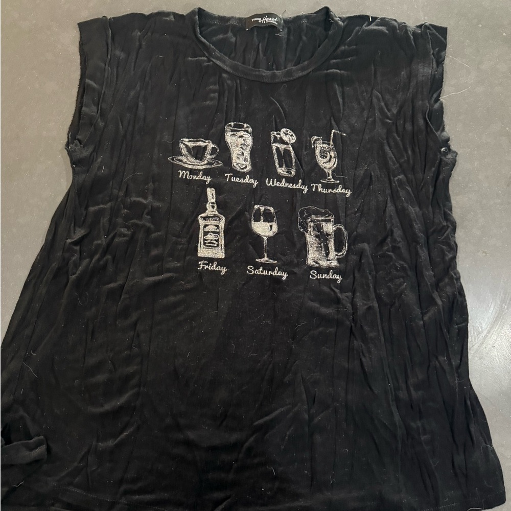 Black Sleeveless Relaxed Muscle Tee “Cocktail of the Day” print